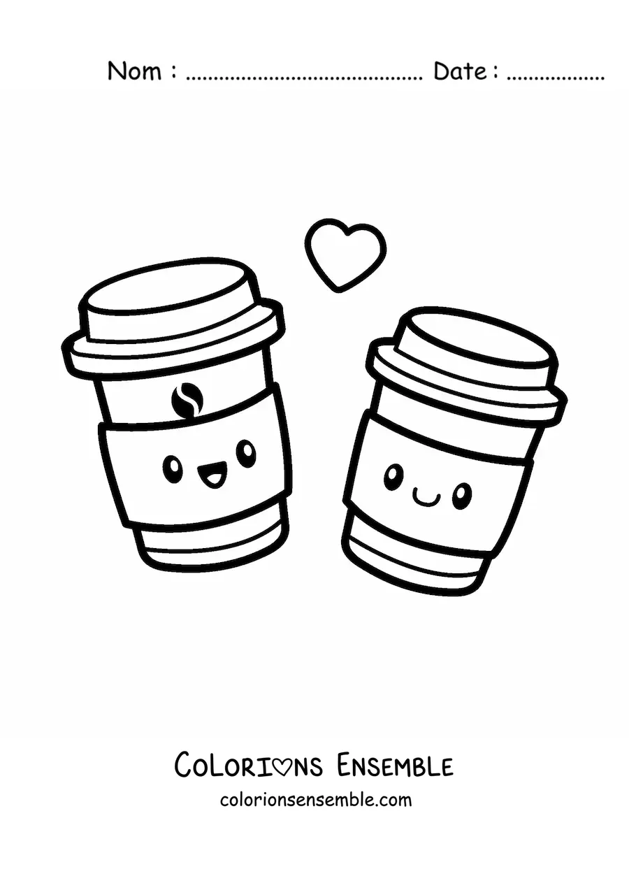 Image à colorier d'un couple de tasses de café kawaii