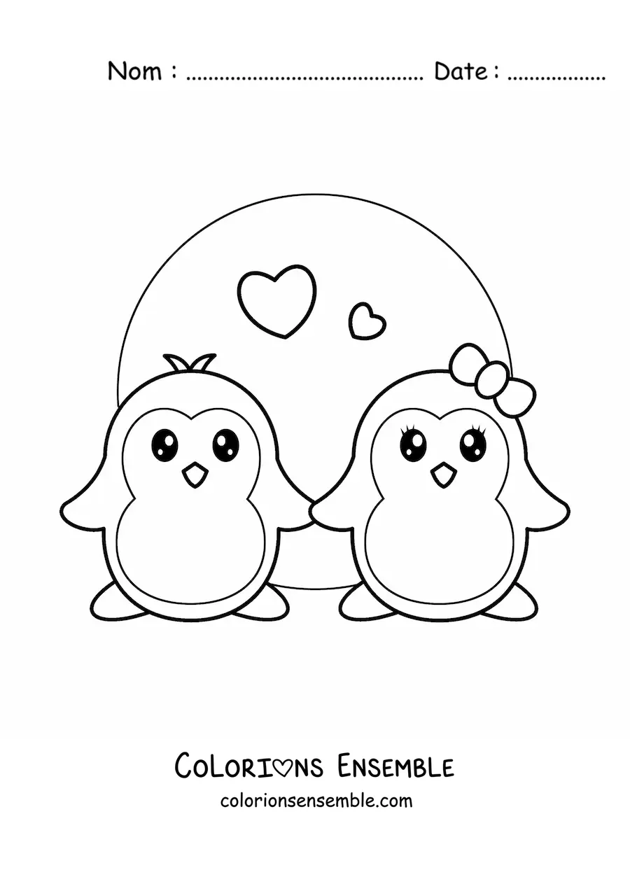 Image à colorier d'un couple de pingouins kawaii