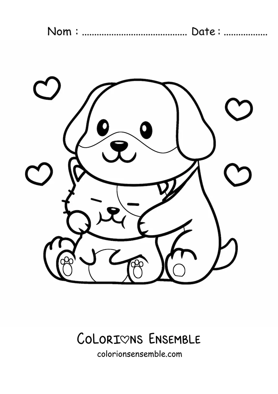 Image à colorier d'un chiot et d'un chaton amoureux