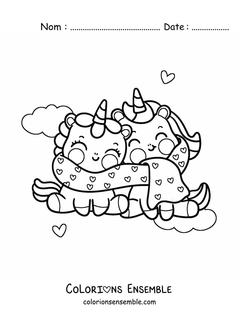 Image à colorier de licornes kawaii amoureuses
