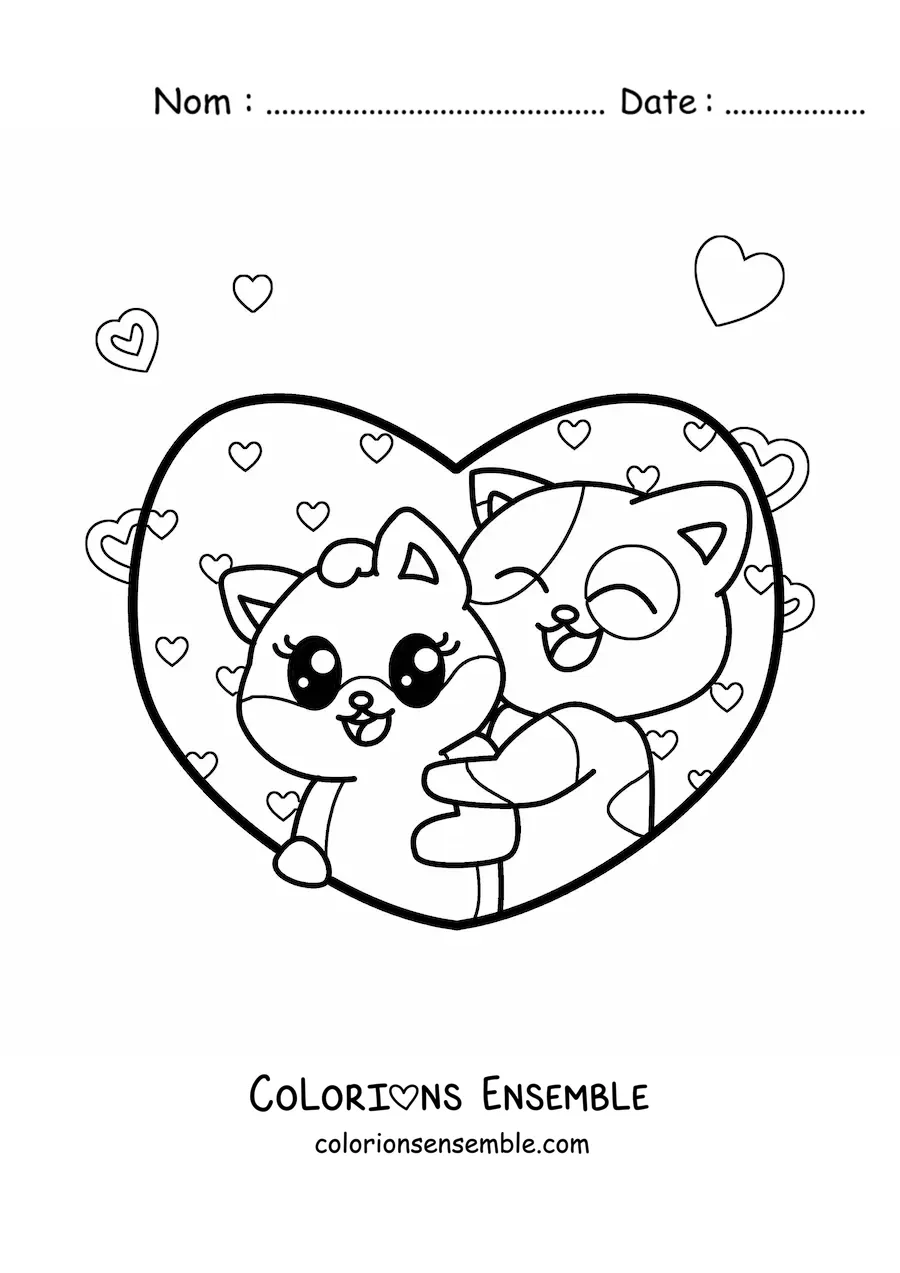 Image à colorier de chats kawaii amoureux