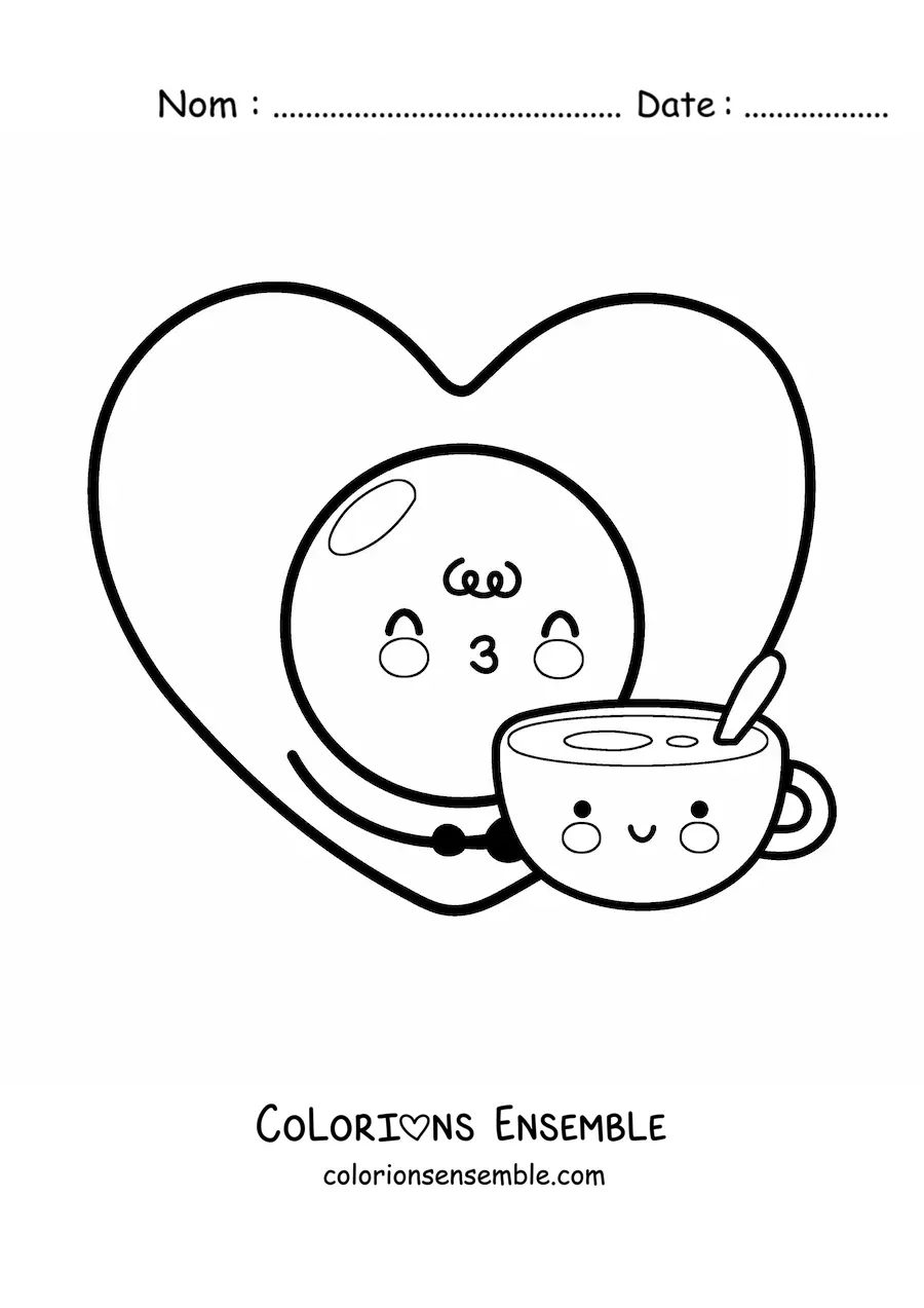 Image à colorier d'un œuf au plat et d'une tasse de café amoureux