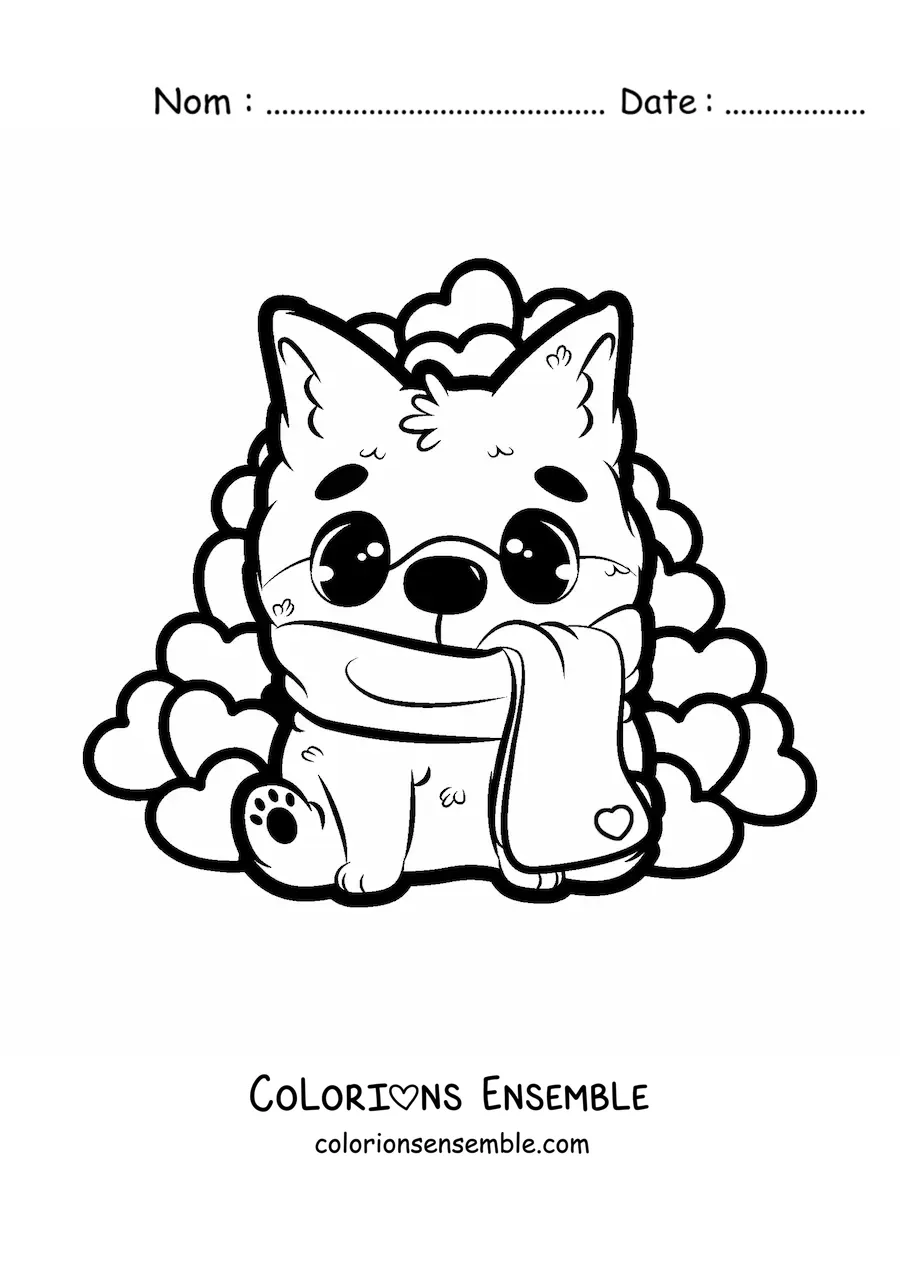 Image à colorier d'un chien kawaii assis entouré de cœurs