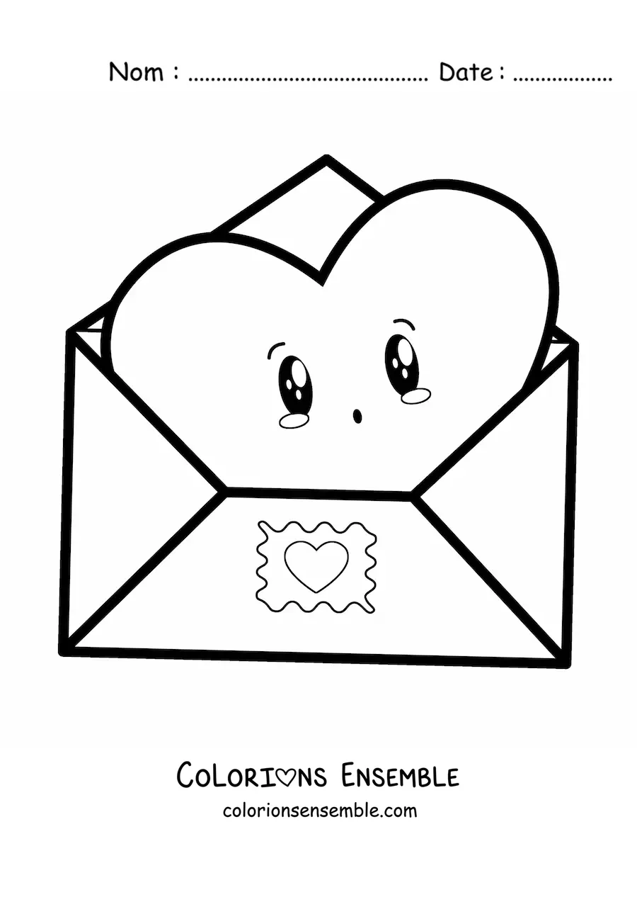 Image à colorier d'une lettre d'amour kawaii toute animée