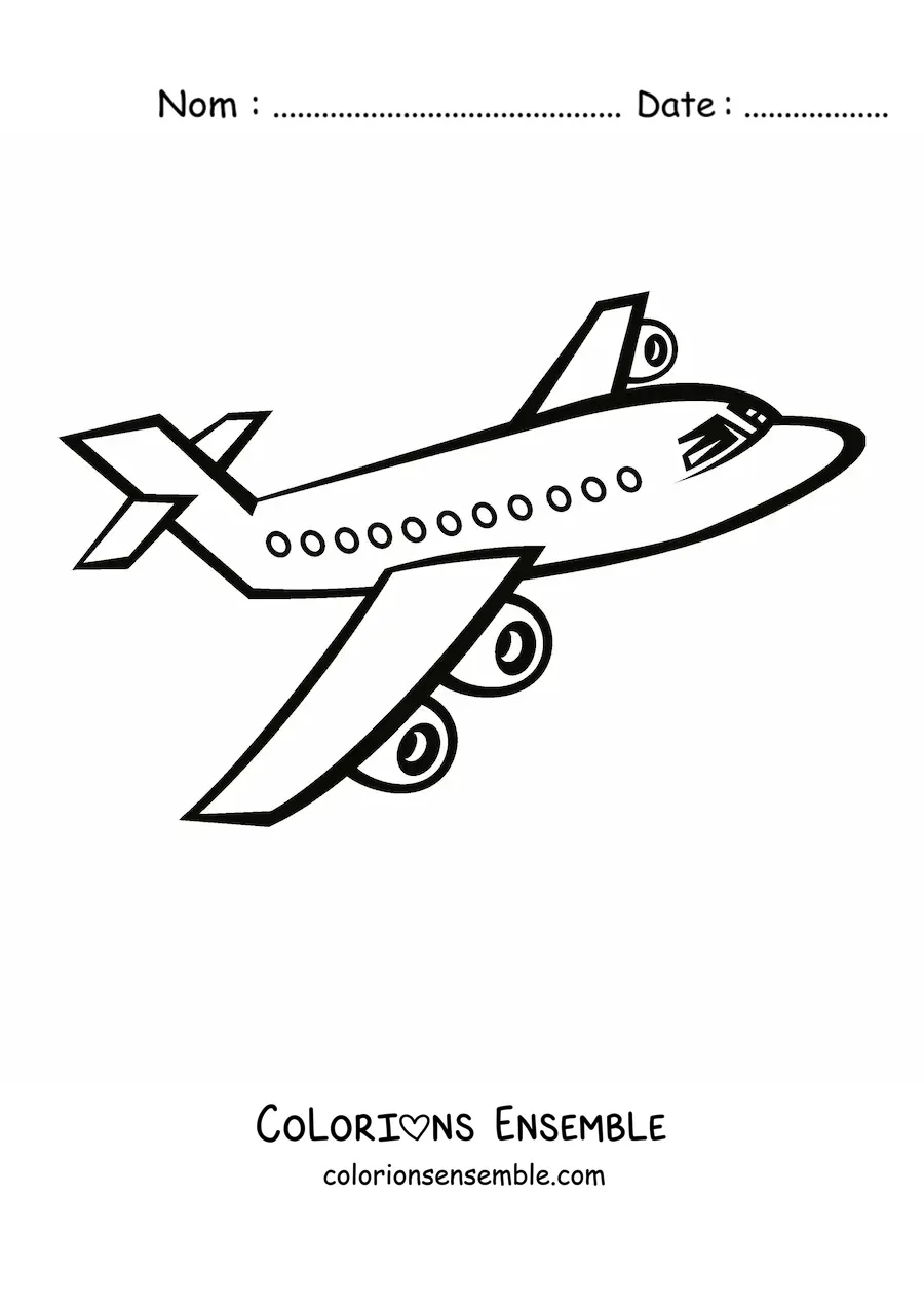 Image à colorier d'un avion de ligne qui vole de côté