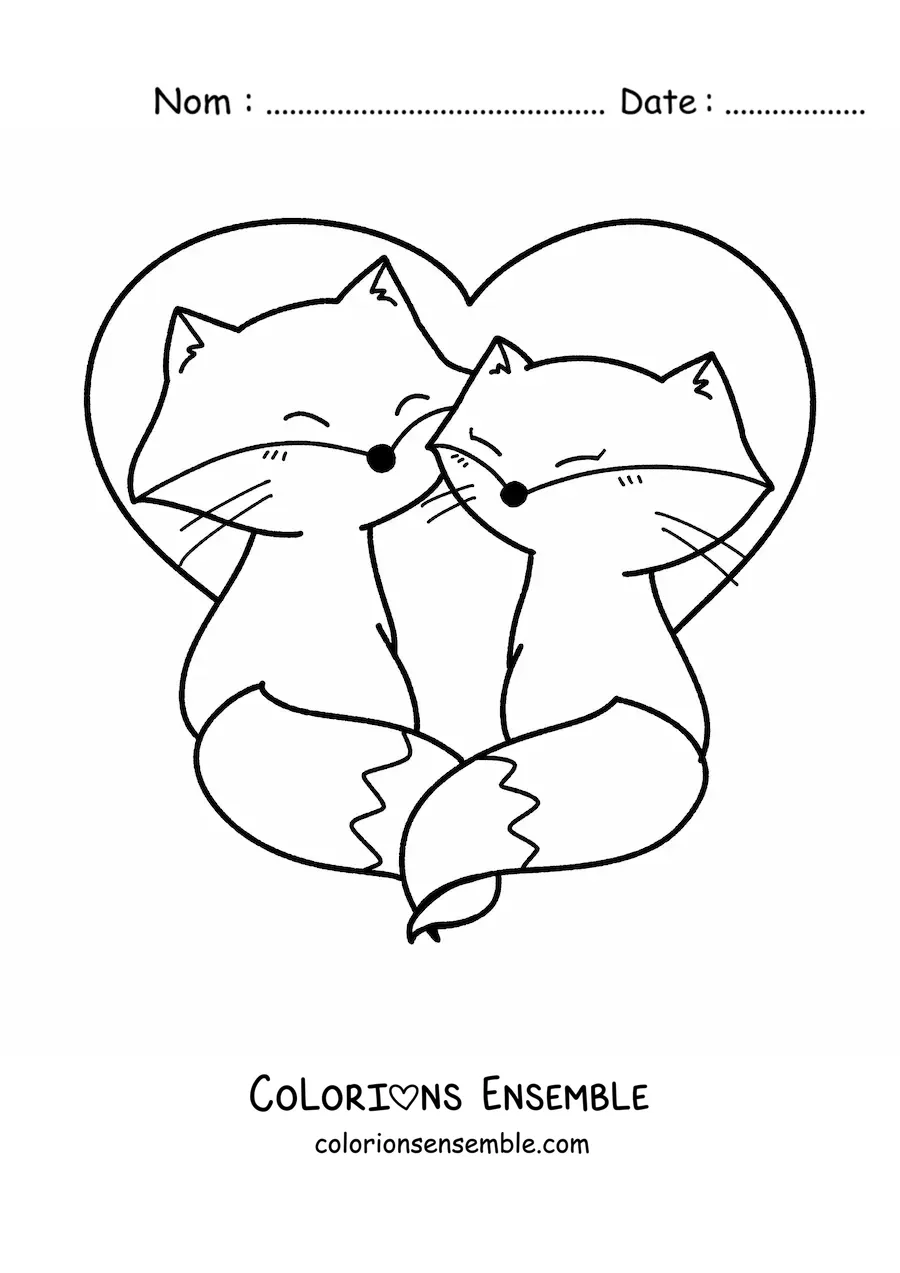 Image à colorier d'un couple de renards kawaii