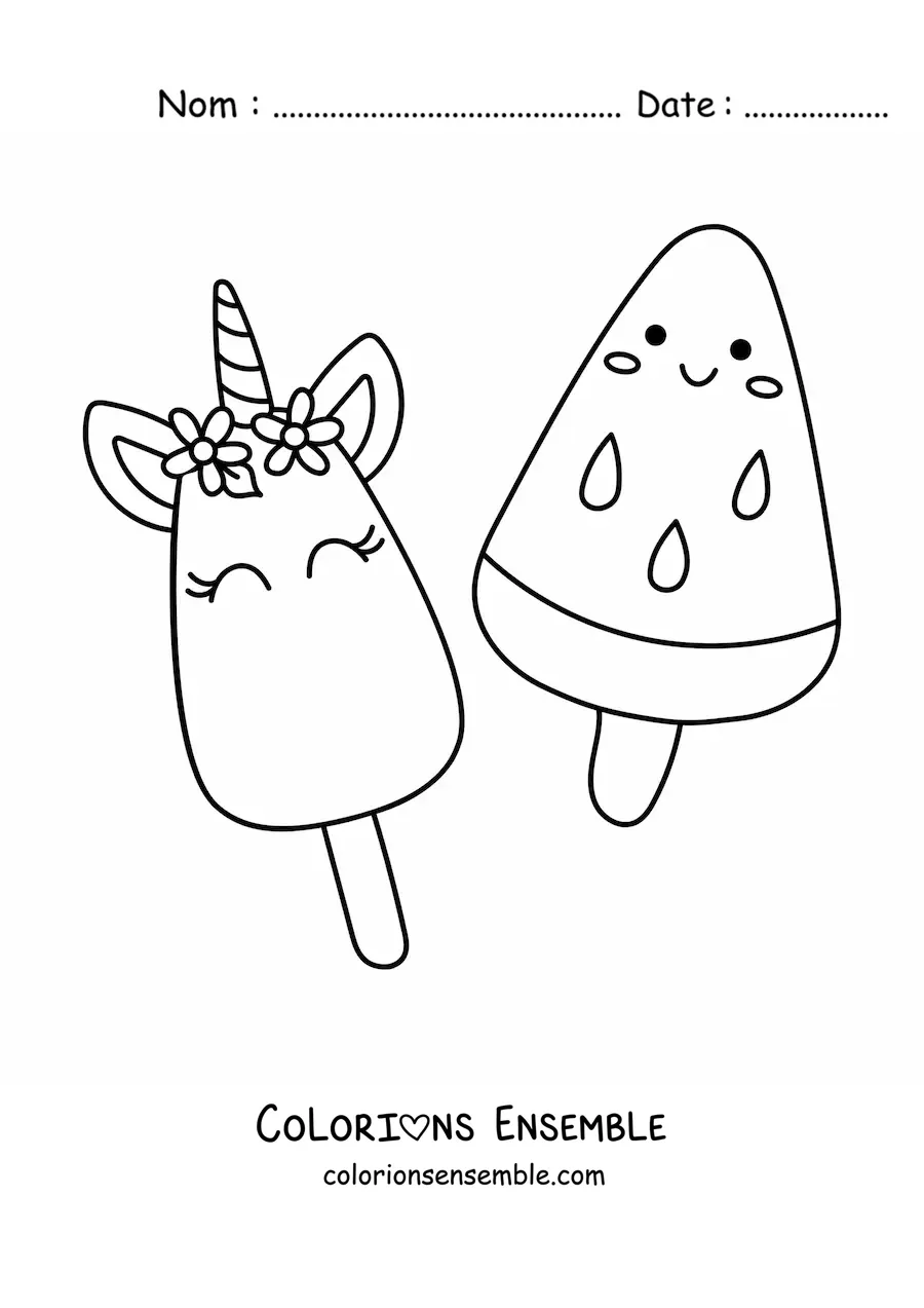Image à colorier d'une glace licorne kawaii et d'une glace pastèque kawaii