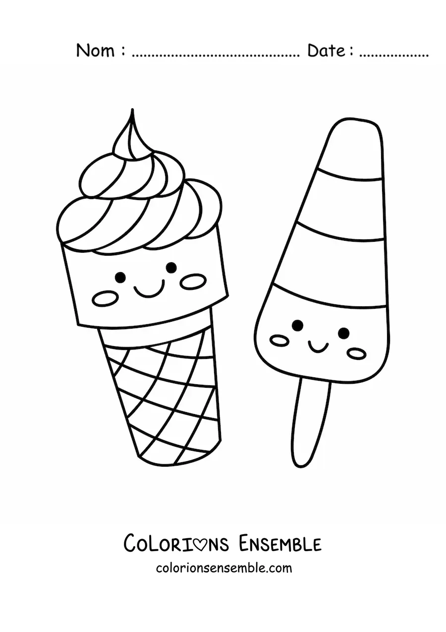 Image à colorier d'un cornet de glace kawaii et d'une glace en bâtonnet kawaii