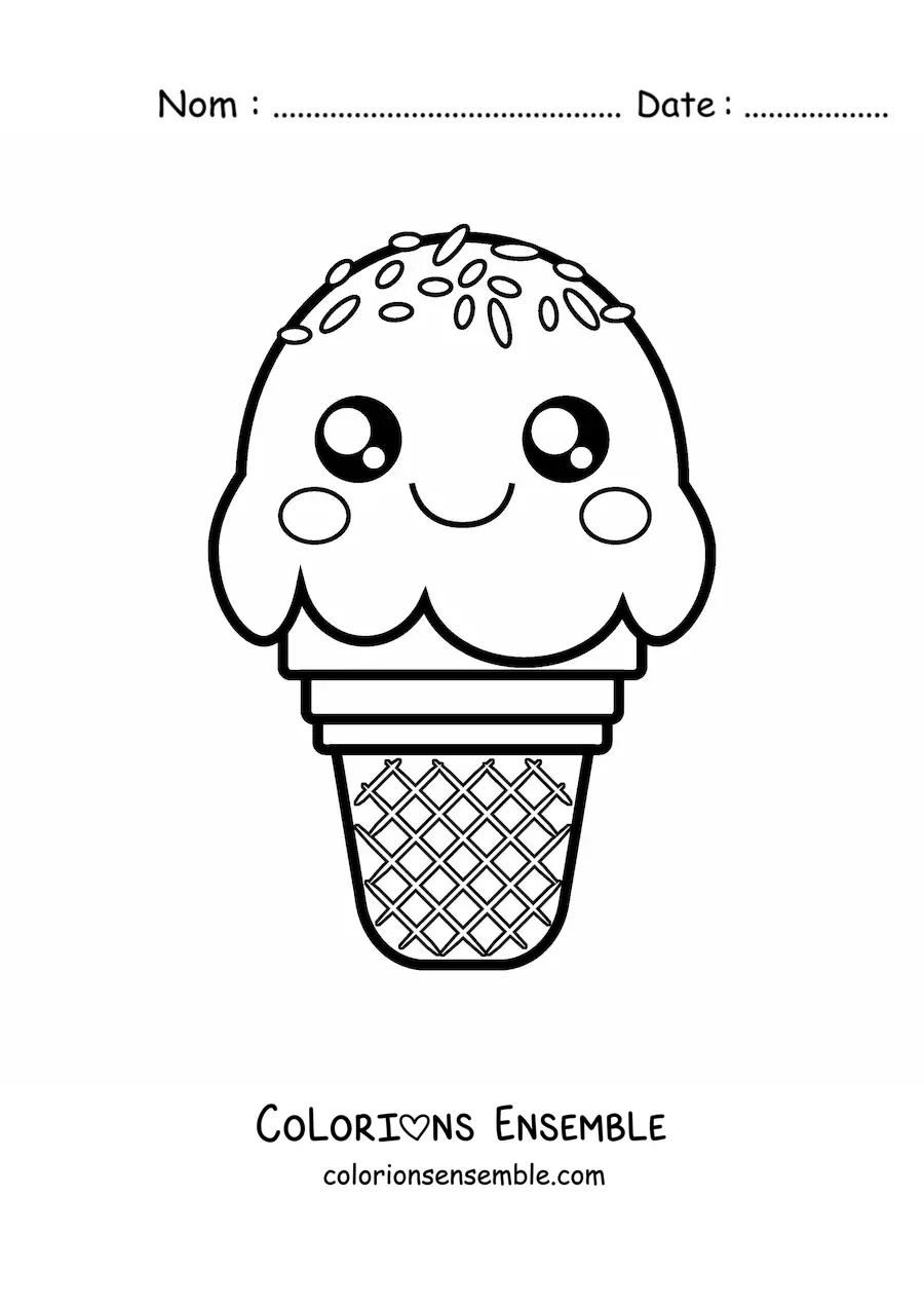 Image à colorier d'un cornet de glace kawaii couvert de vermicelles colorés