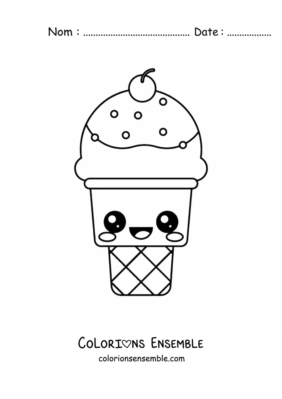 Image à colorier facile d'un cornet de glace kawaii