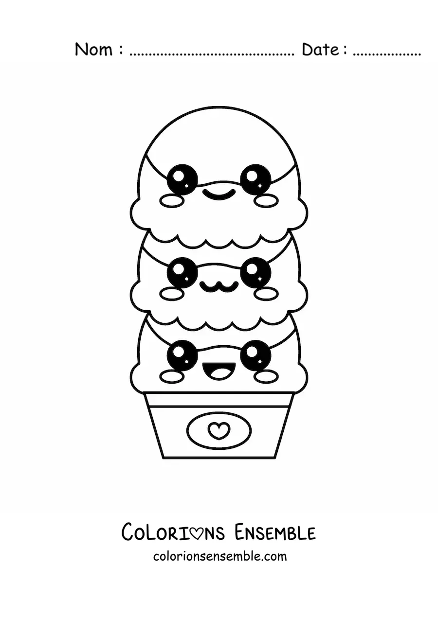 Image à colorier d'une grande glace kawaii à 3 boules