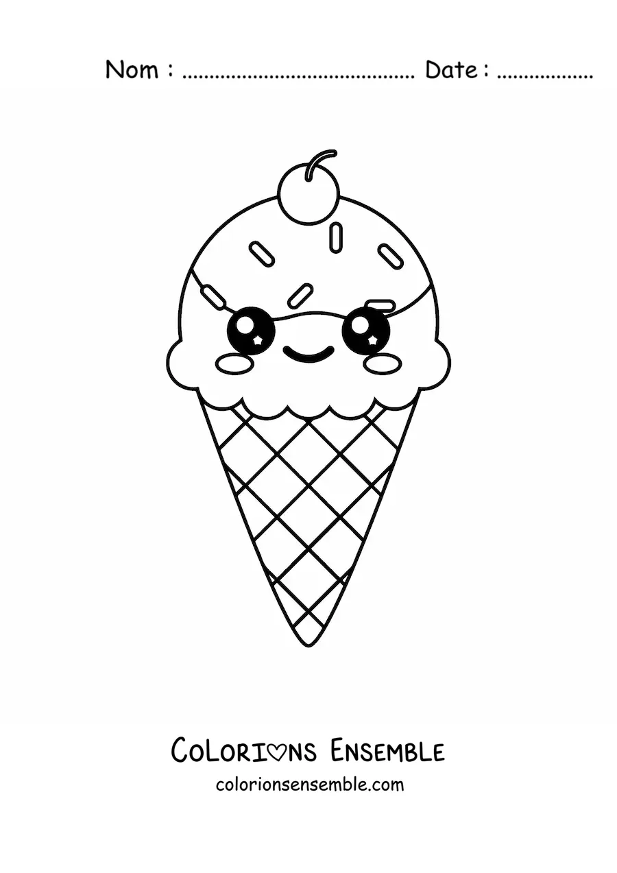 Image à colorier facile d'un cornet de glace kawaii