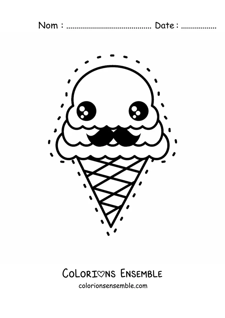 Image à colorier d'un tendre cornet de glace kawaii avec une moustache