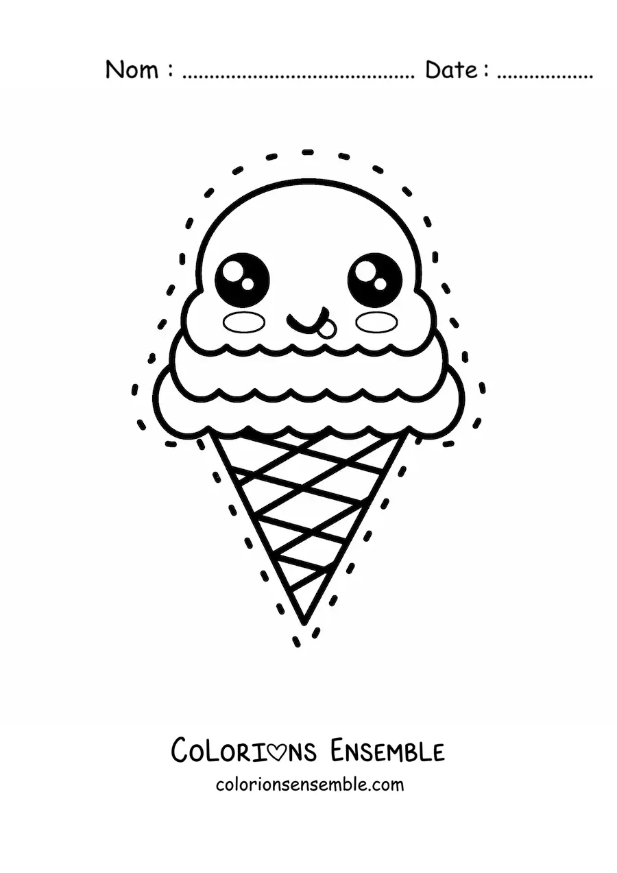 Image à colorier d'un grand cornet de glace kawaii tout mignon