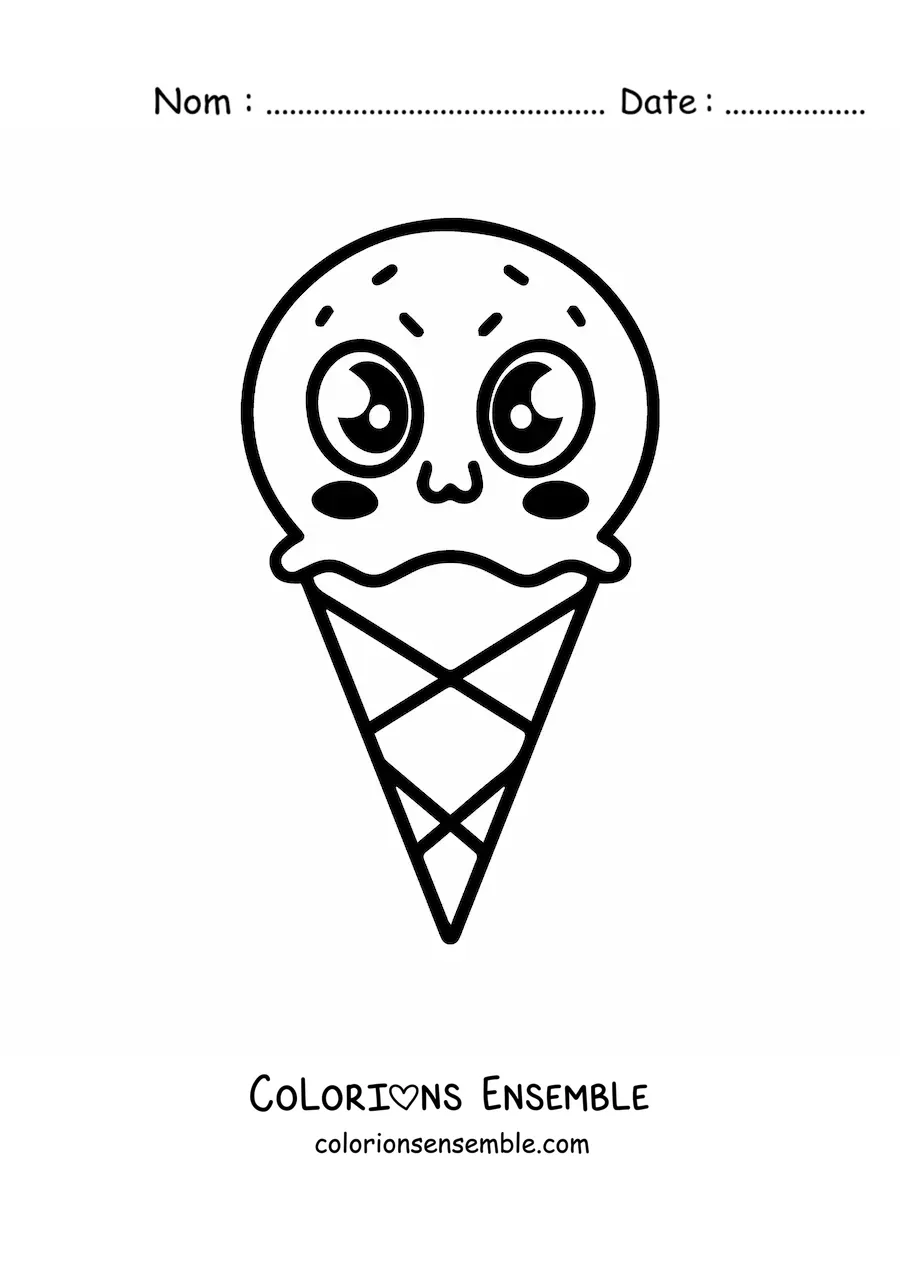 Image à colorier d'un cornet de glace kawaii avec de grands yeux