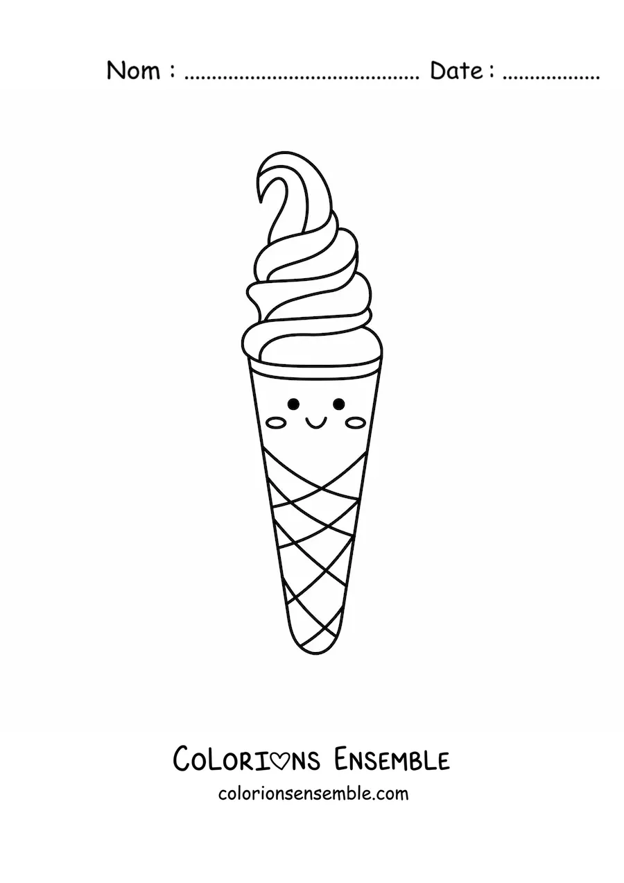 Image à colorier facile d'une glace en cornet kawaii