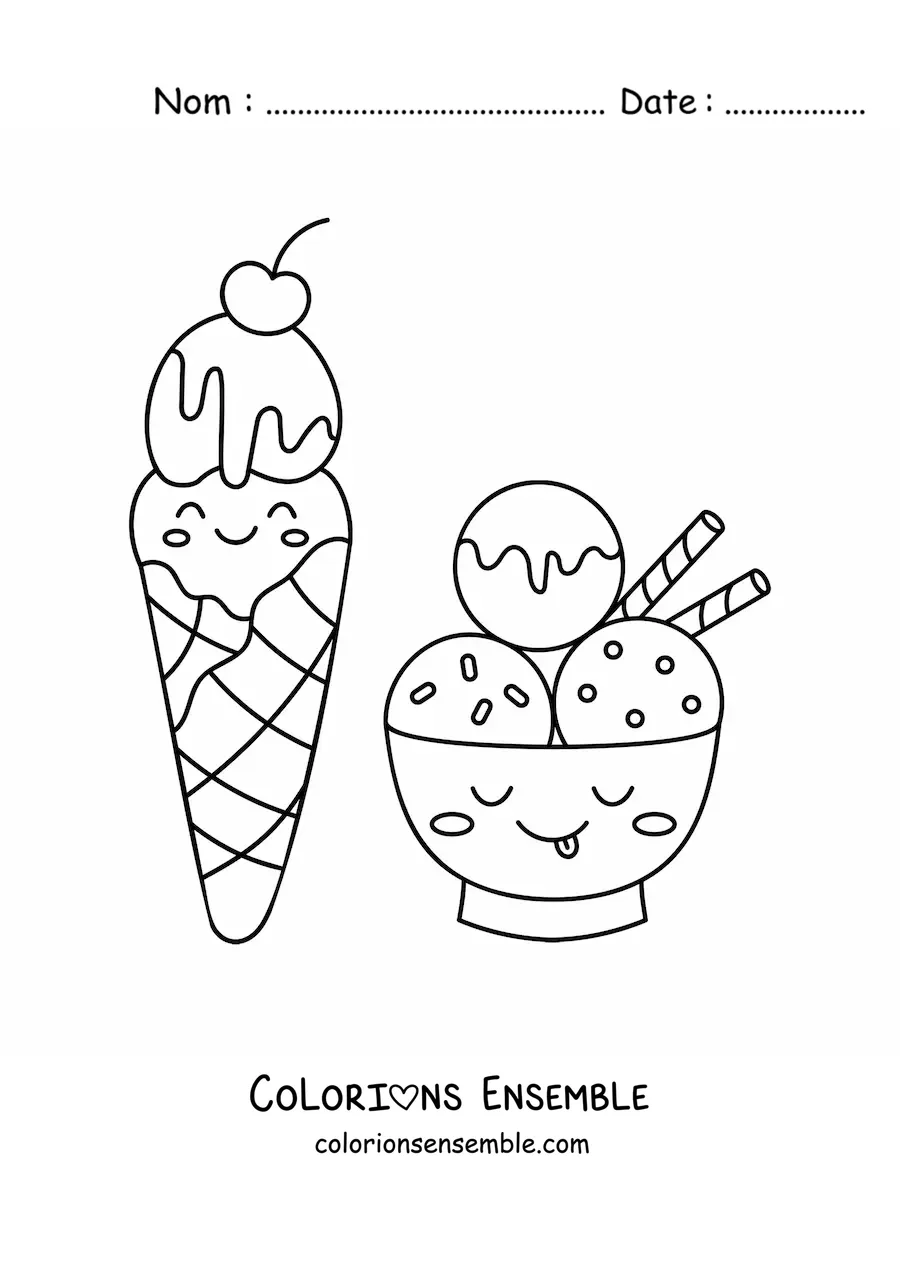Image à colorier d'un cornet de glace kawaii à côté d'une coupe de glace kawaii