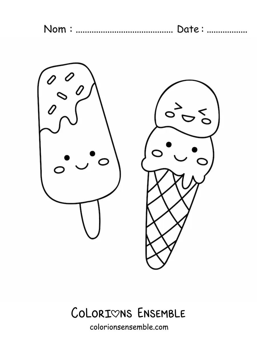 Image à colorier d'une glace et d'un cornet kawaii à deux boules