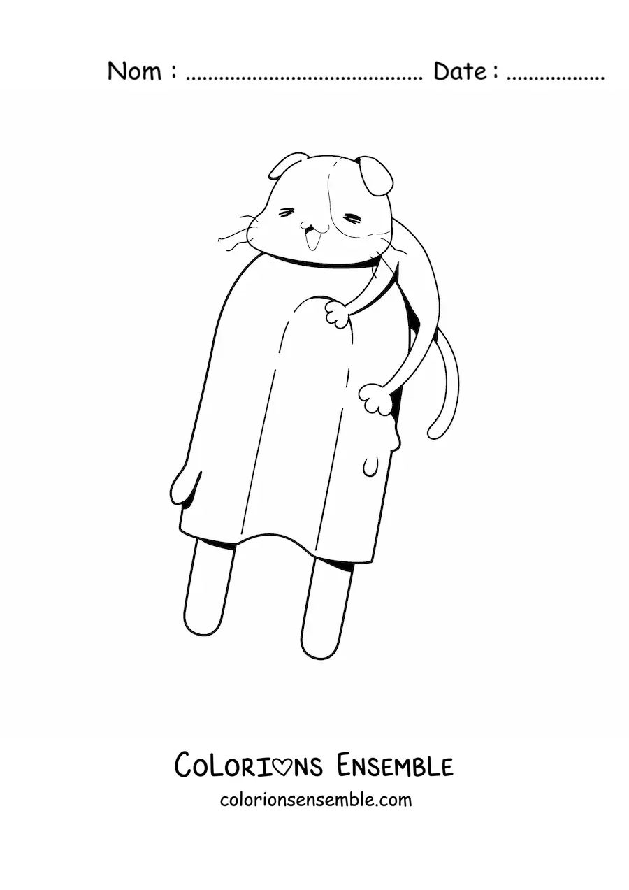 Image à colorier d'un chaton animé posé sur une glace kawaii qui fond