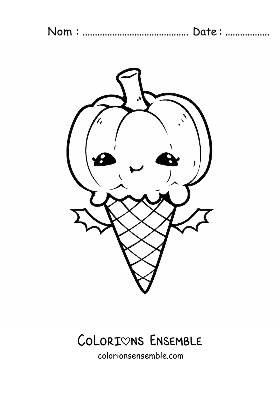 Image à colorier d'un cornet de glace kawaii en forme de citrouille d'Halloween