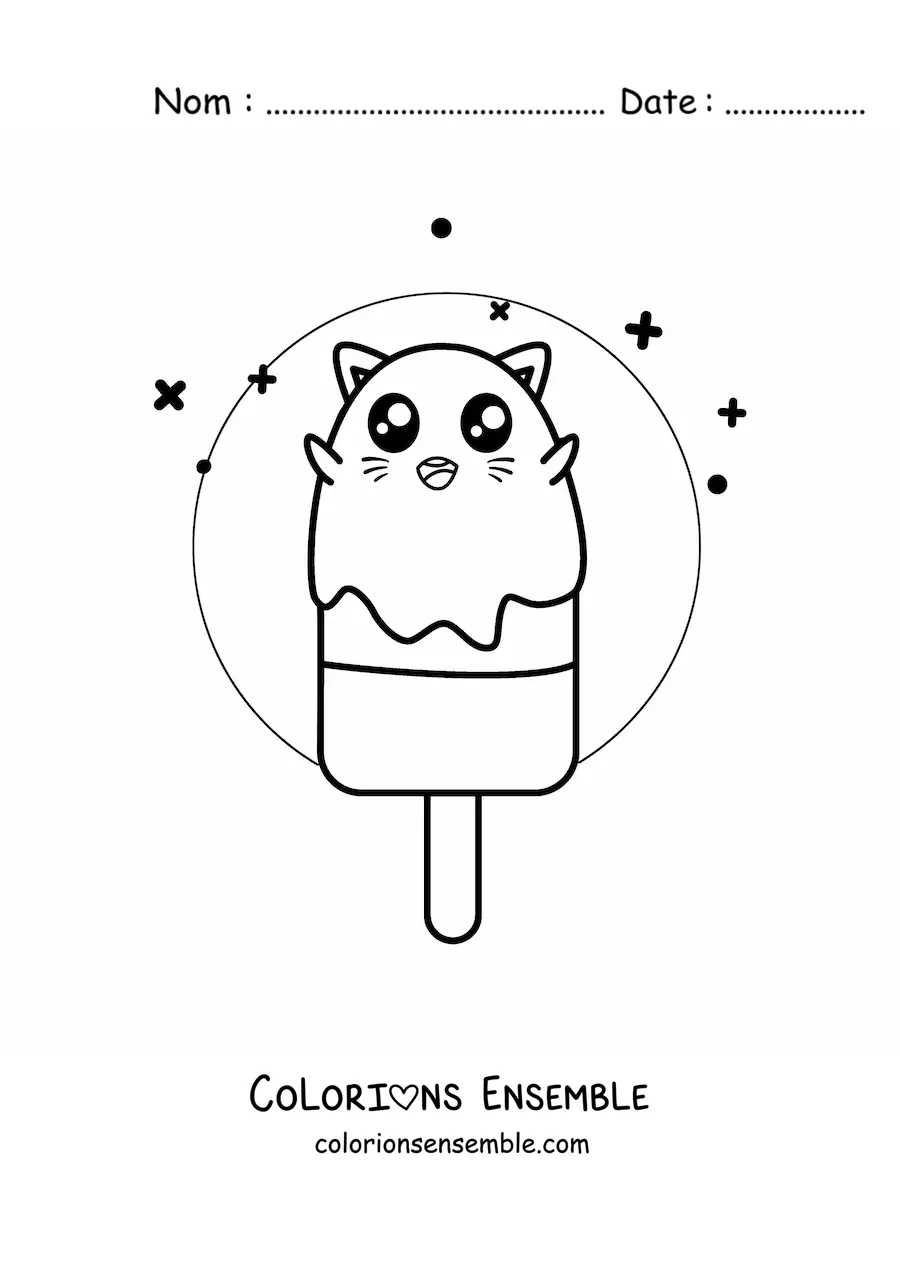 Image à colorier d'une glace kawaii en forme de chaton