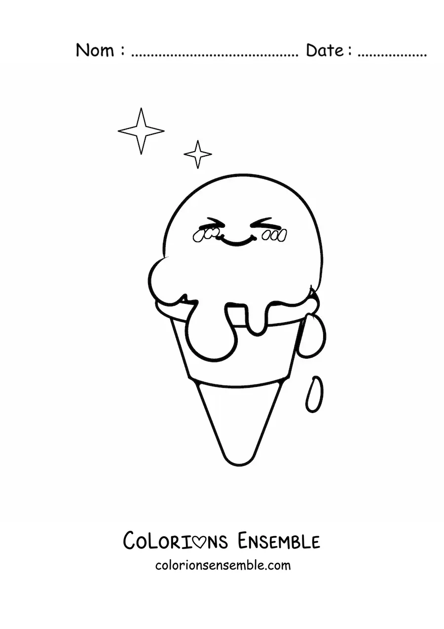 Image à colorier d'un cornet de glace kawaii qui fond