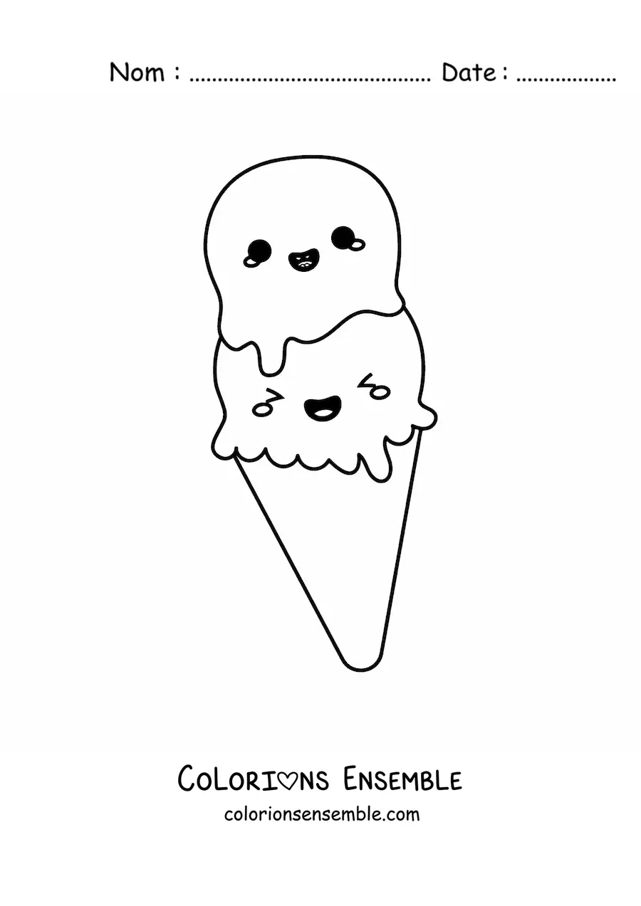 Image à colorier facile d'un cornet de glace kawaii tout animé