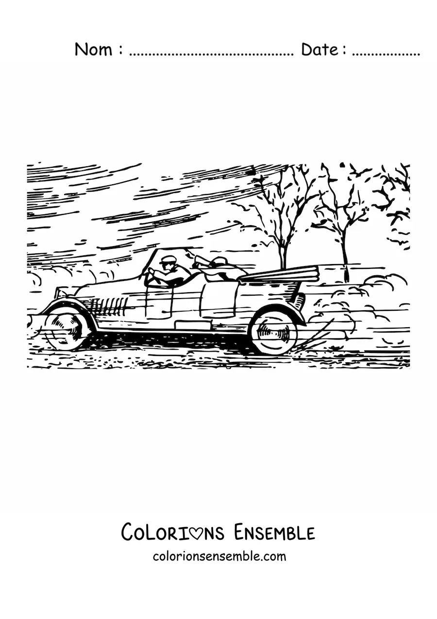 Image à colorier d’une voiture lancée à toute vitesse avec des arbres en arrière-plan