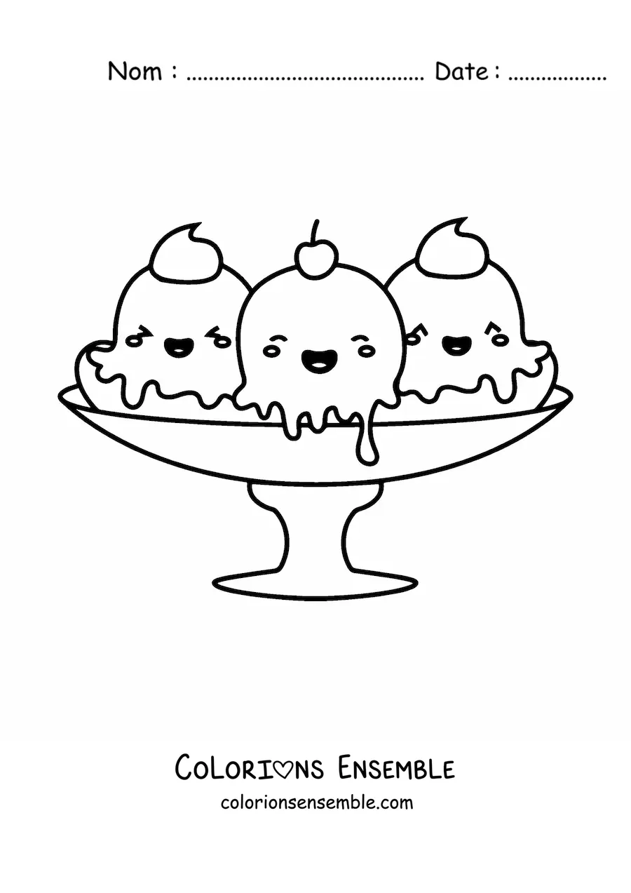Image à colorier d'une coupe de glace banana split kawaii