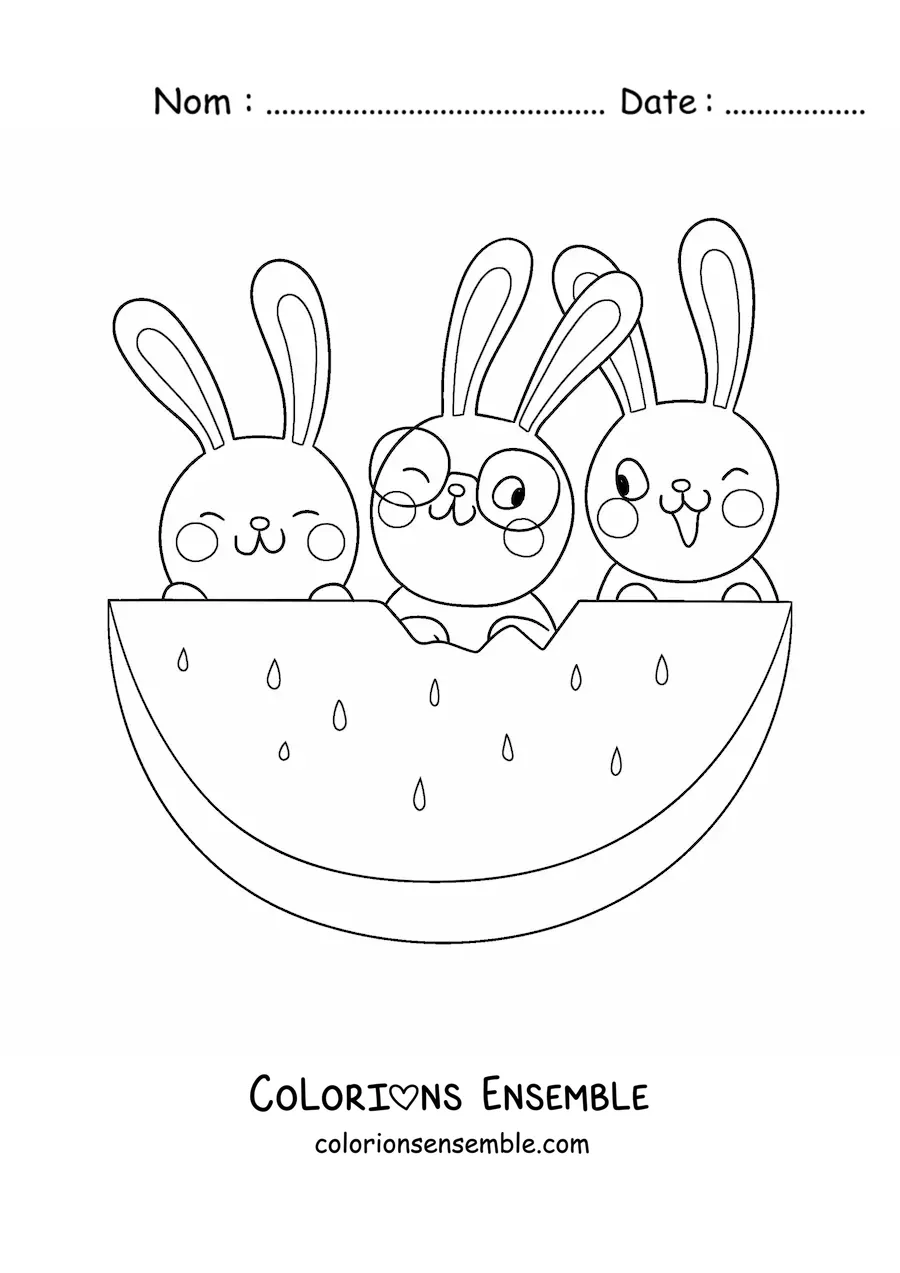 Image à colorier de 3 lapins kawaii animés qui mangent de la pastèque