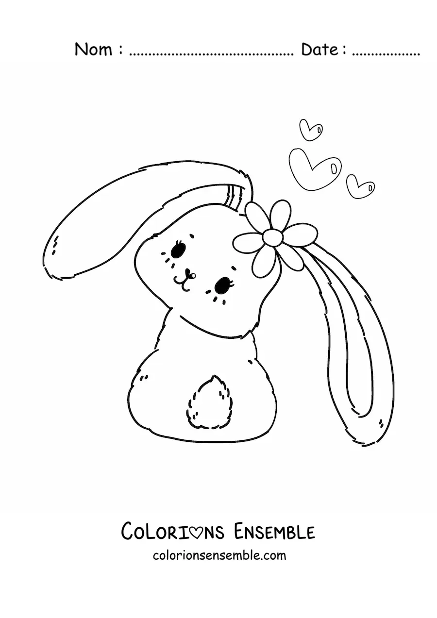 Image à colorier d'un tendre lapin kawaii avec une fleur et des cœurs