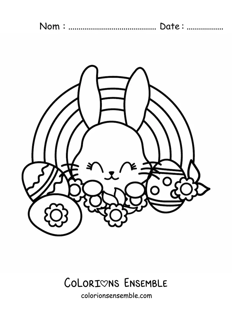 Image à colorier d'un lapin kawaii avec des œufs de Pâques et un arc-en-ciel