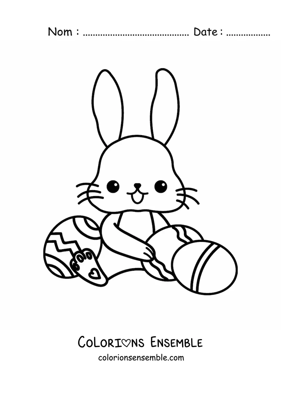 Image à colorier d'un lapin kawaii assis avec des œufs de Pâques