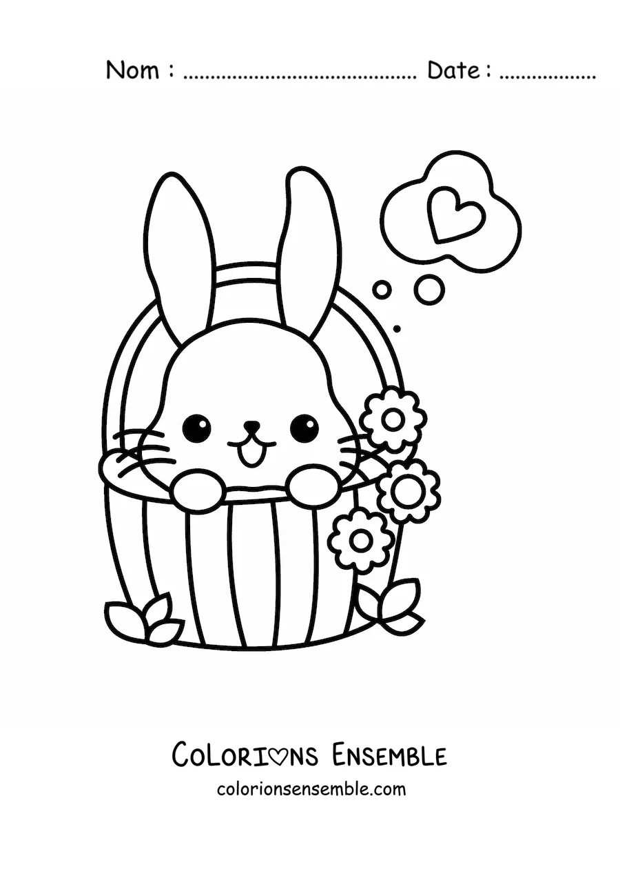 Image à colorier d'un lapin kawaii dans un panier de fleurs