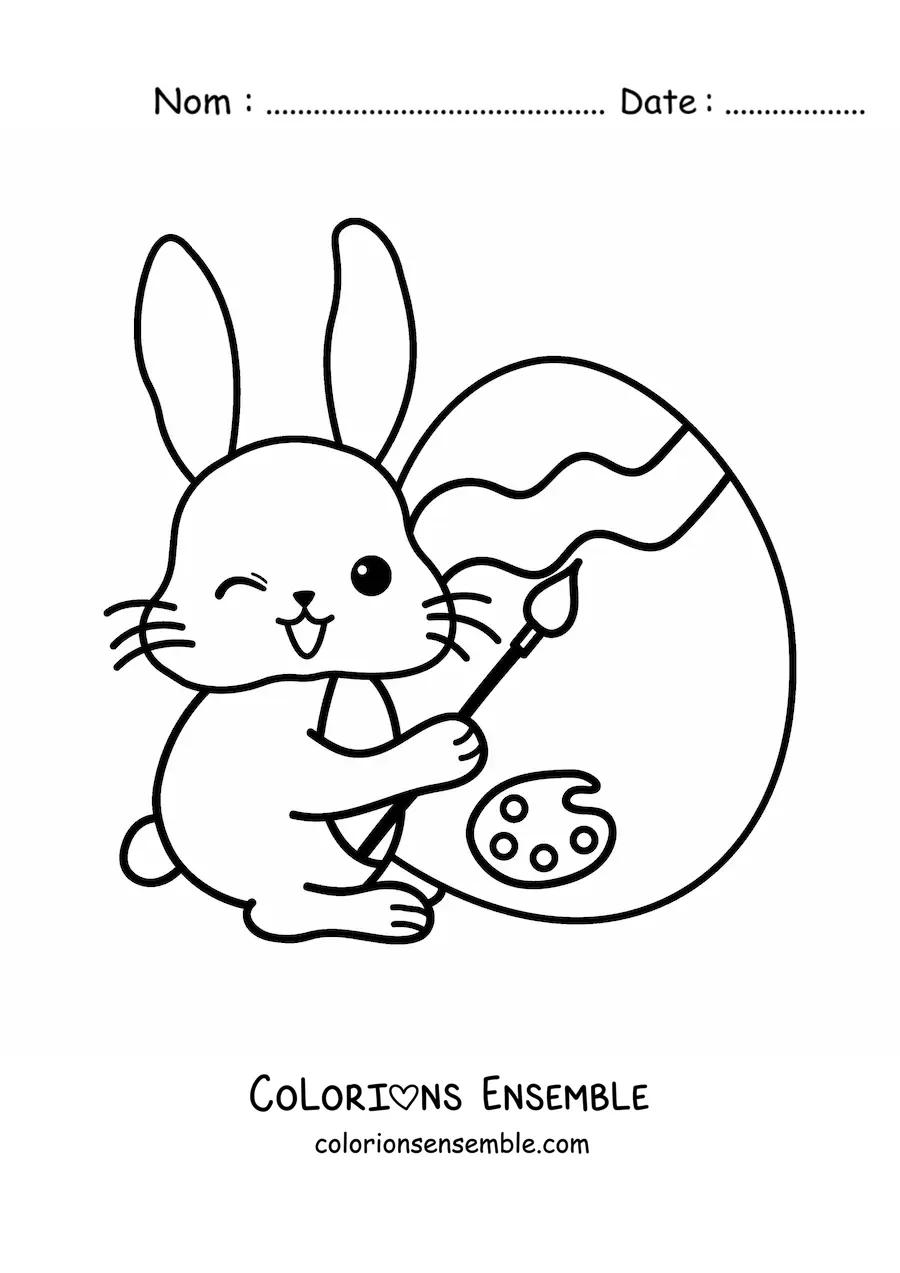 Image à colorier d'un lapin kawaii qui peint un œuf de Pâques