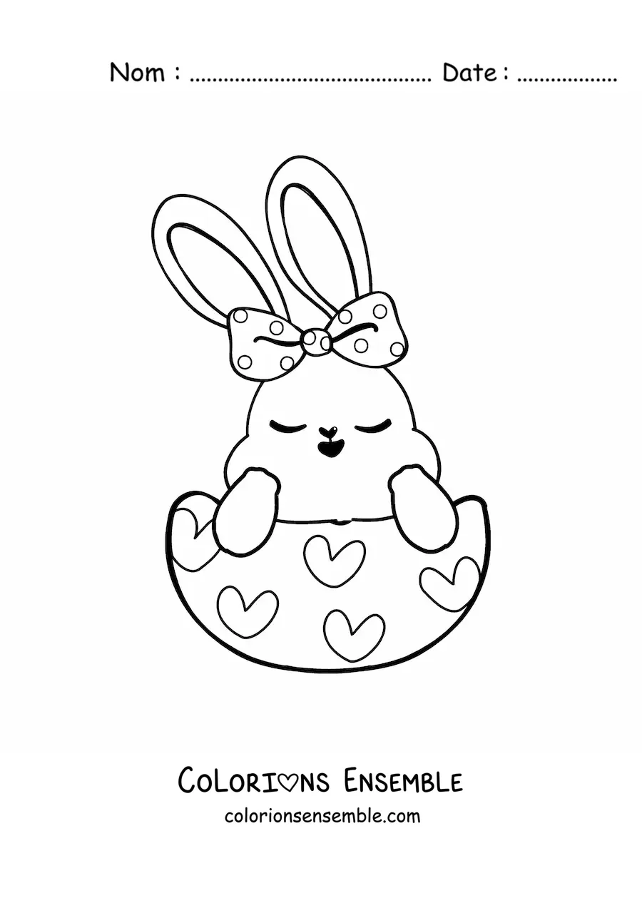 Image à colorier d'une tendre lapine avec un nœud, dans un œuf de Pâques