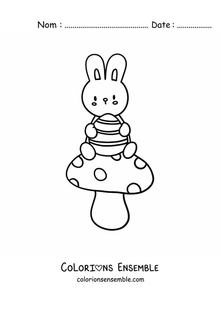 Image à colorier d'un lapin kawaii assis sur un champignon avec un œuf de Pâques