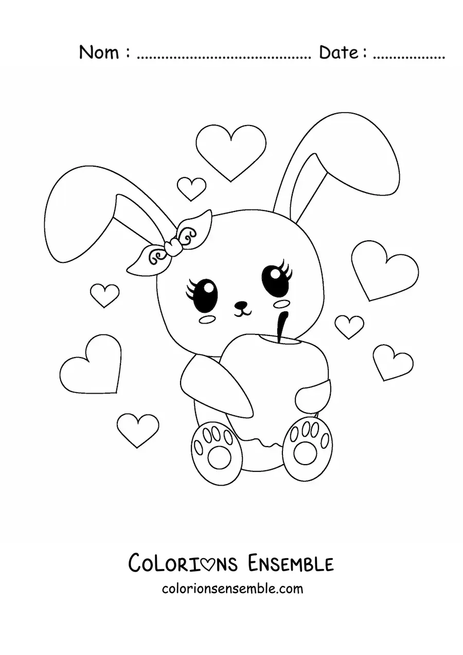 Image à colorier d'un lapin kawaii animé assis avec une pomme et des cœurs en arrière-plan