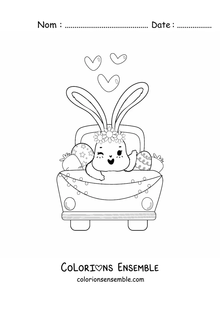 Image à colorier d'un tendre lapin animé dans une voiture avec des œufs de Pâques