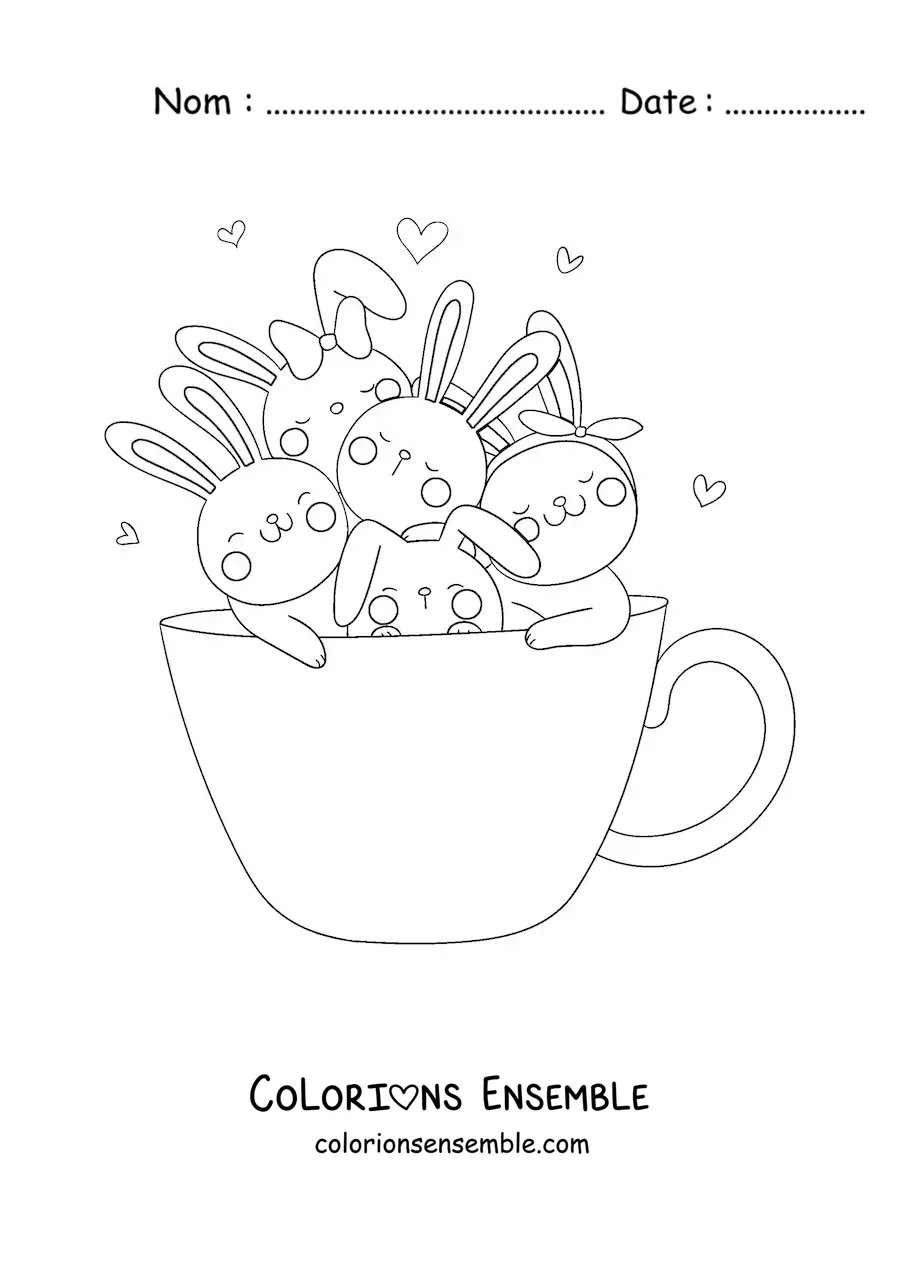 Image à colorier de lapins kawaii animés dans une tasse
