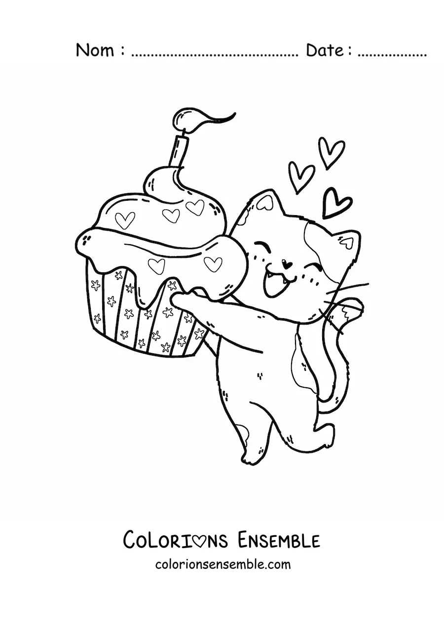 Image à colorier d'un chaton kawaii avec un cupcake d'anniversaire