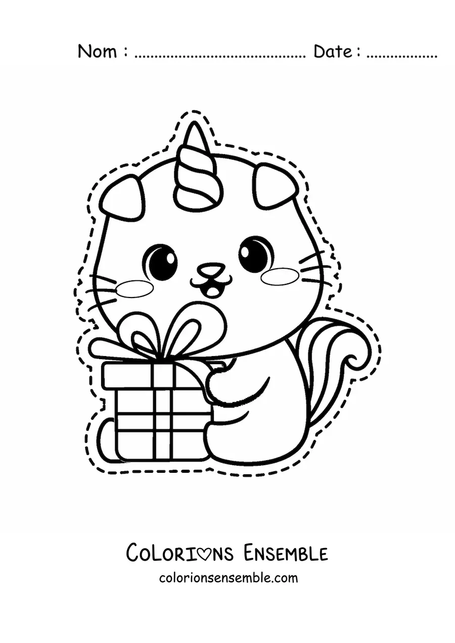 Image à colorier d'un chat-licorne kawaii avec un cadeau d'anniversaire