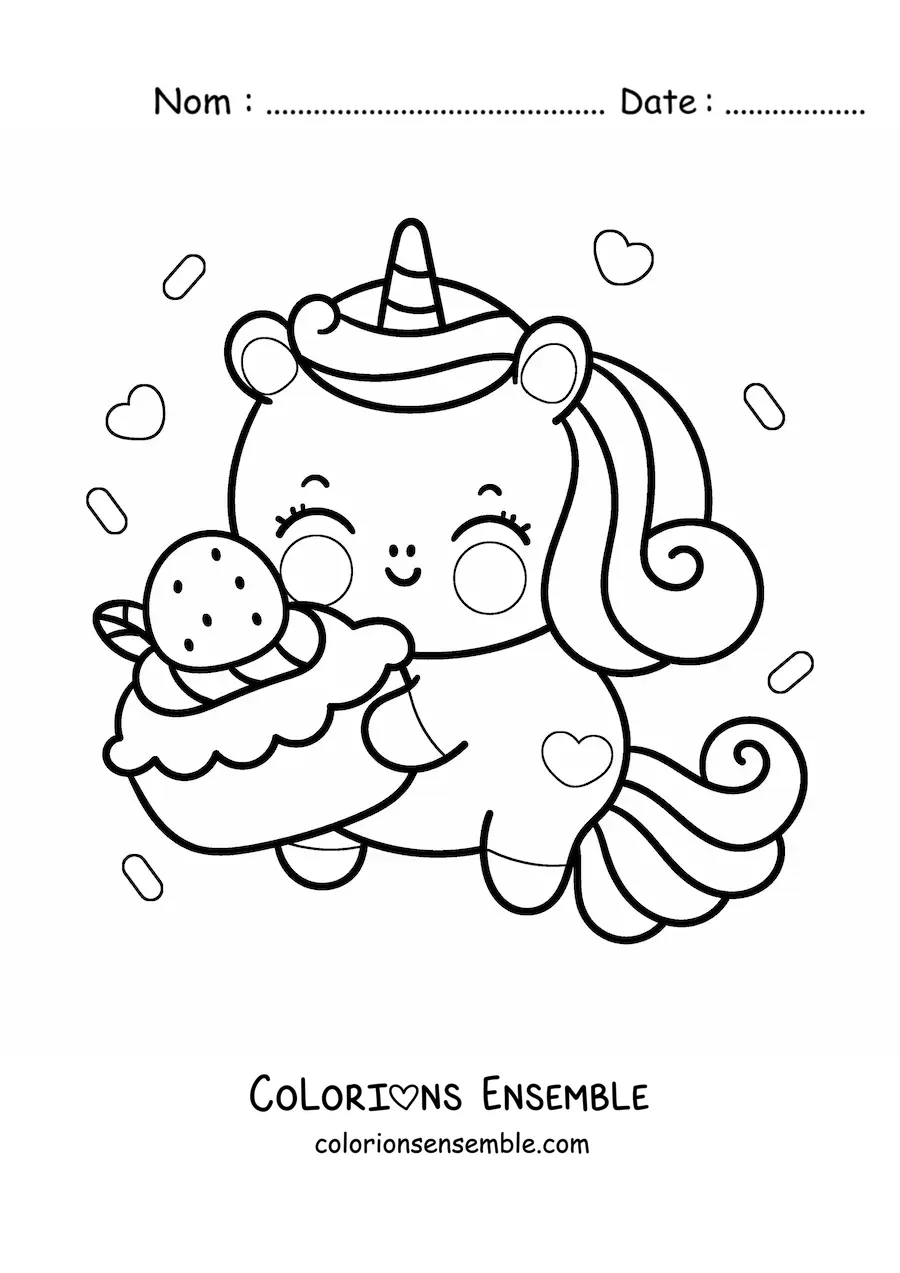 Image à colorier d'une licorne kawaii avec une part de gâteau d'anniversaire