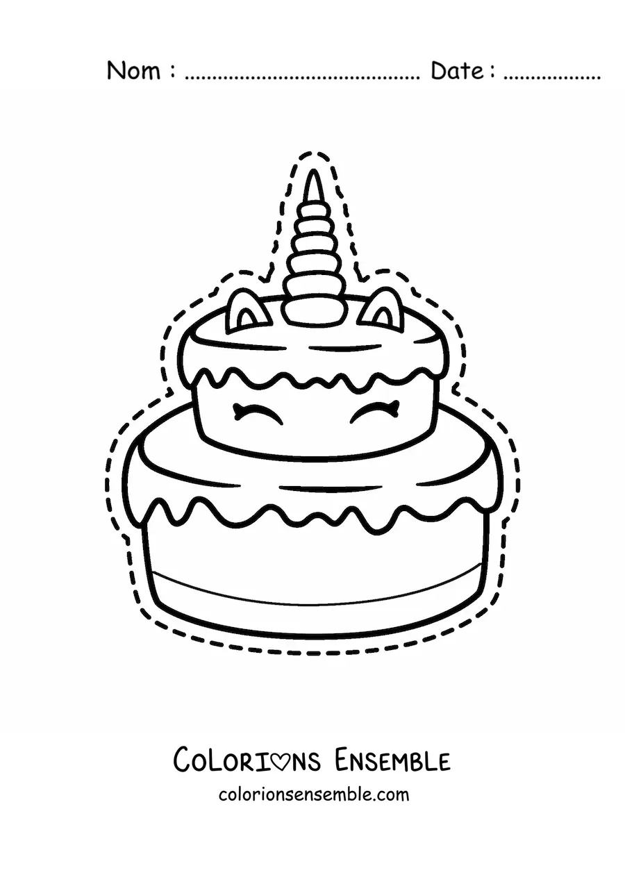 Image à colorier d'un grand gâteau licorne kawaii