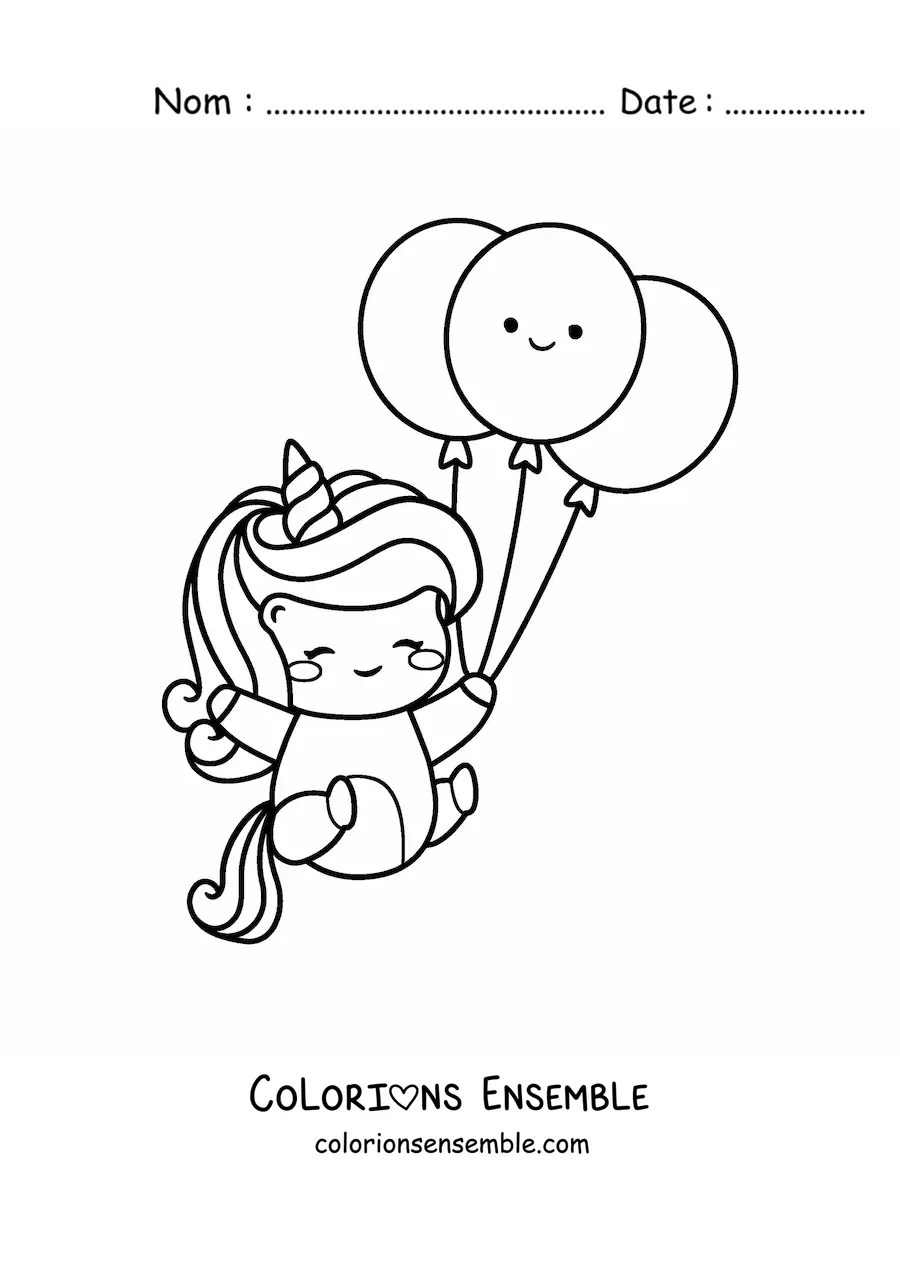 Image à colorier d'une licorne kawaii avec des ballons d'anniversaire