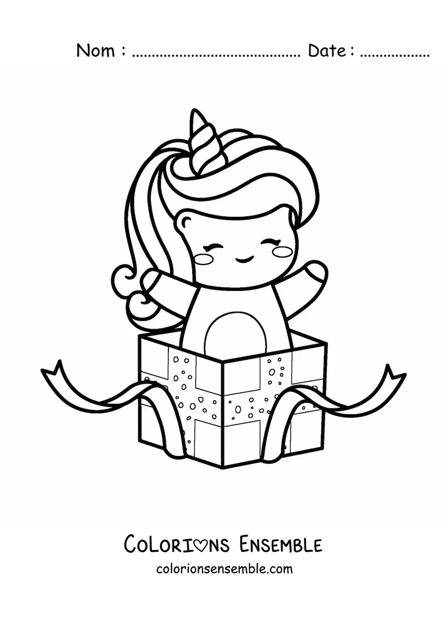 Image à colorier d'une licorne kawaii dans une boîte cadeau d'anniversaire
