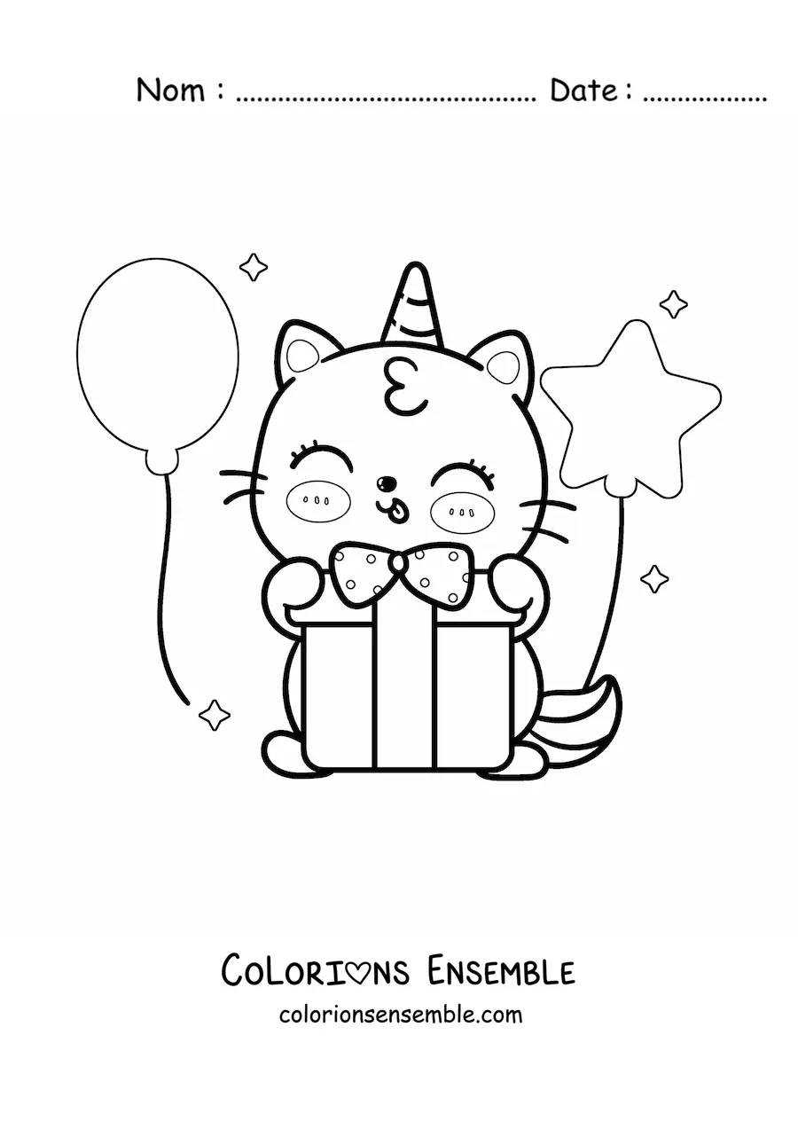 Image à colorier d'un chat-licorne kawaii qui ouvre un cadeau d'anniversaire