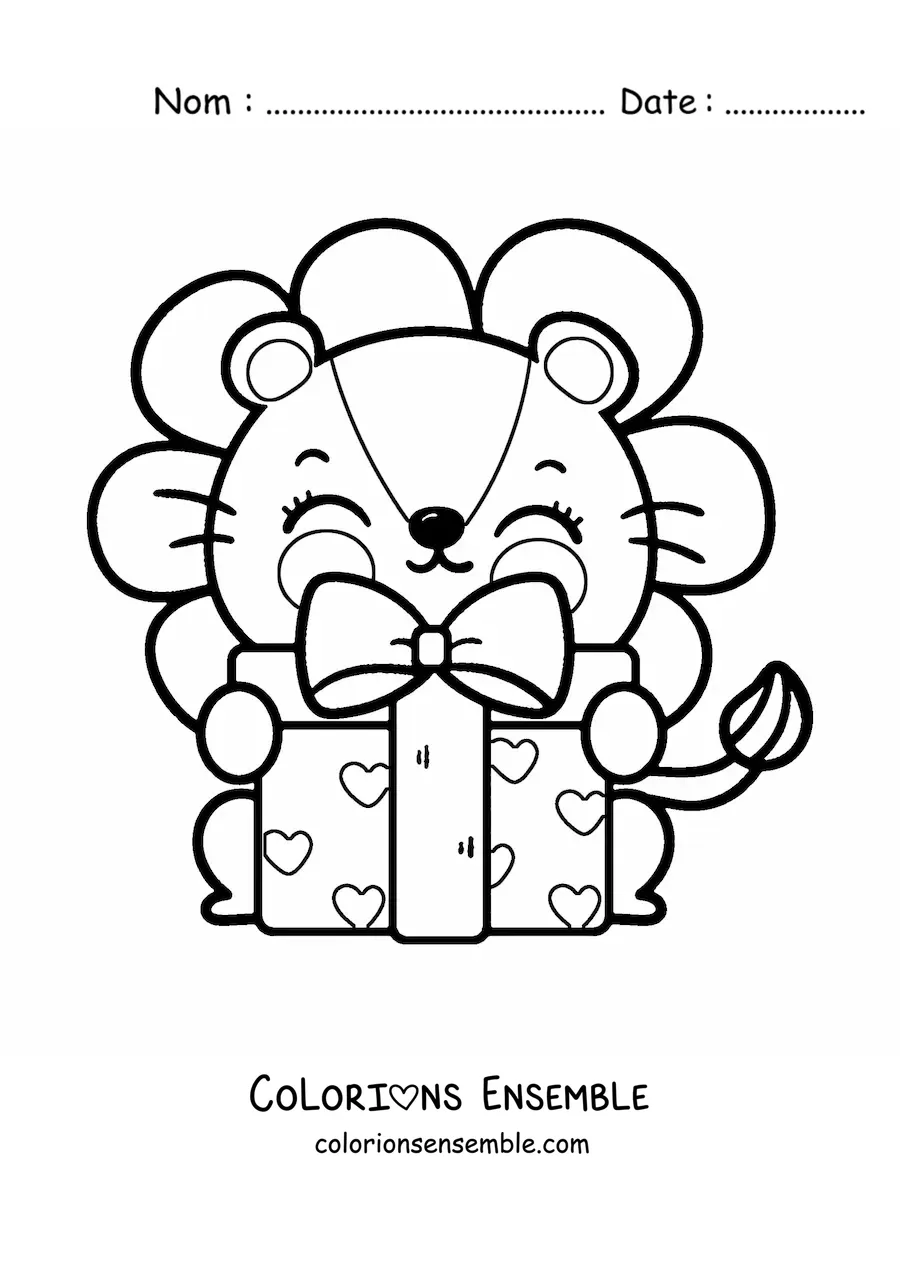 Image à colorier d'un lion kawaii animé avec un cadeau d'anniversaire