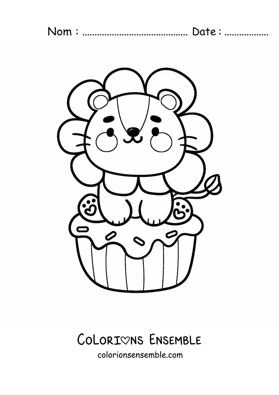 Image à colorier d'un tendre lion animé sur un cupcake d'anniversaire