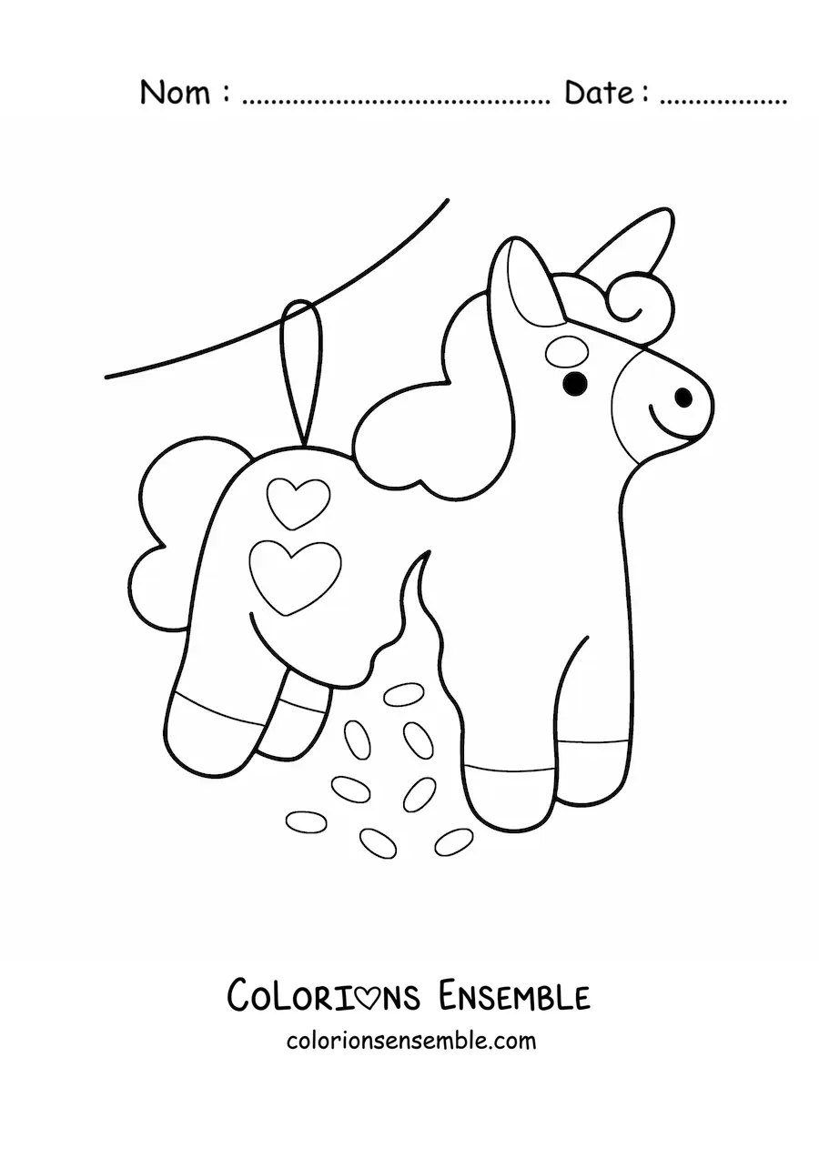 Image à colorier d'une piñata kawaii licorne pour un anniversaire